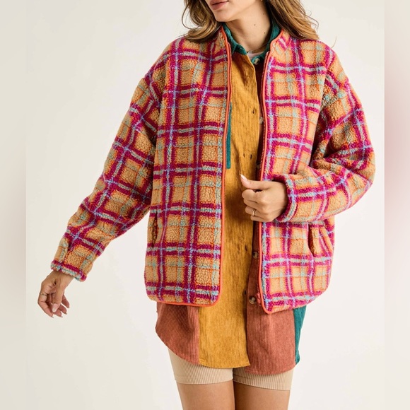 Plaid Zipper Fleece Jacket - Picture 1 of 2